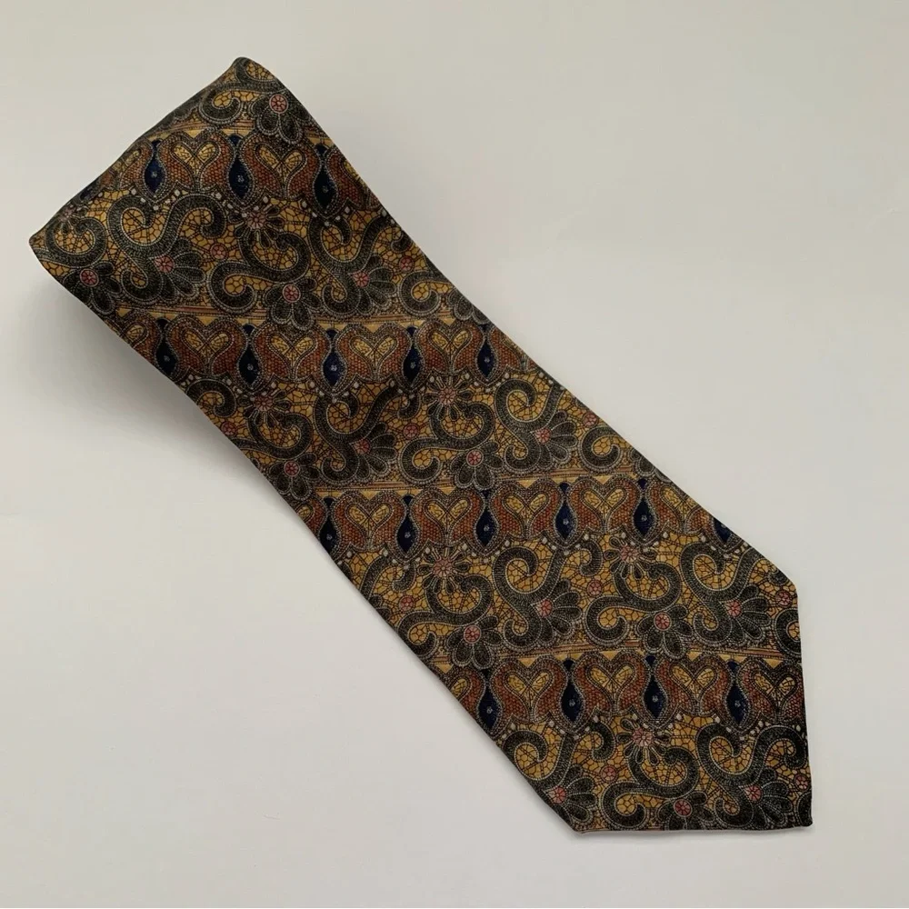 Stafford Tie Men's‎ 100% Silk Geometric Brown Yellow Green 4.00
